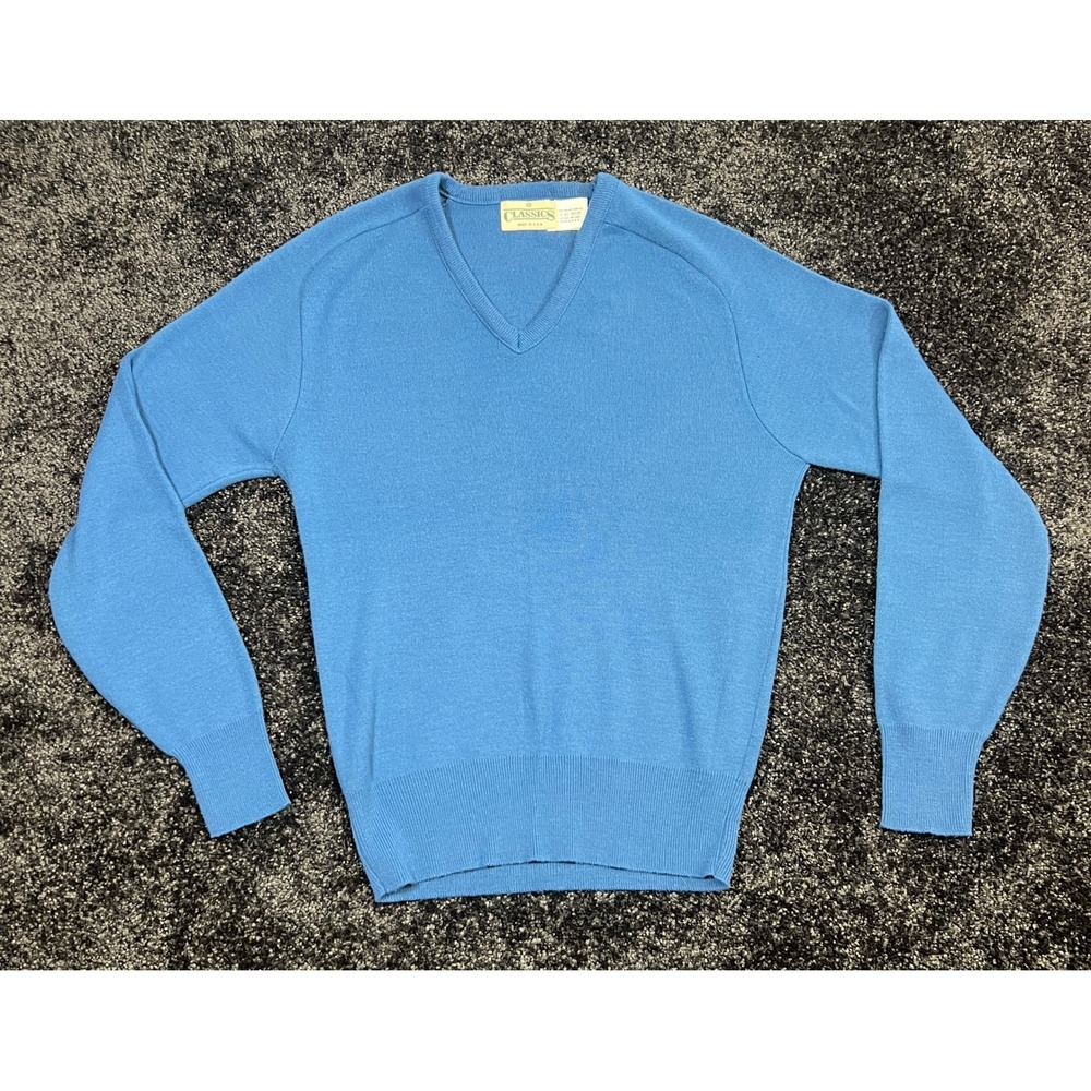 Vintage Sears Classics Mens V-Neck Sweater Blue Orlon Acrylic Med (Fits like XS)